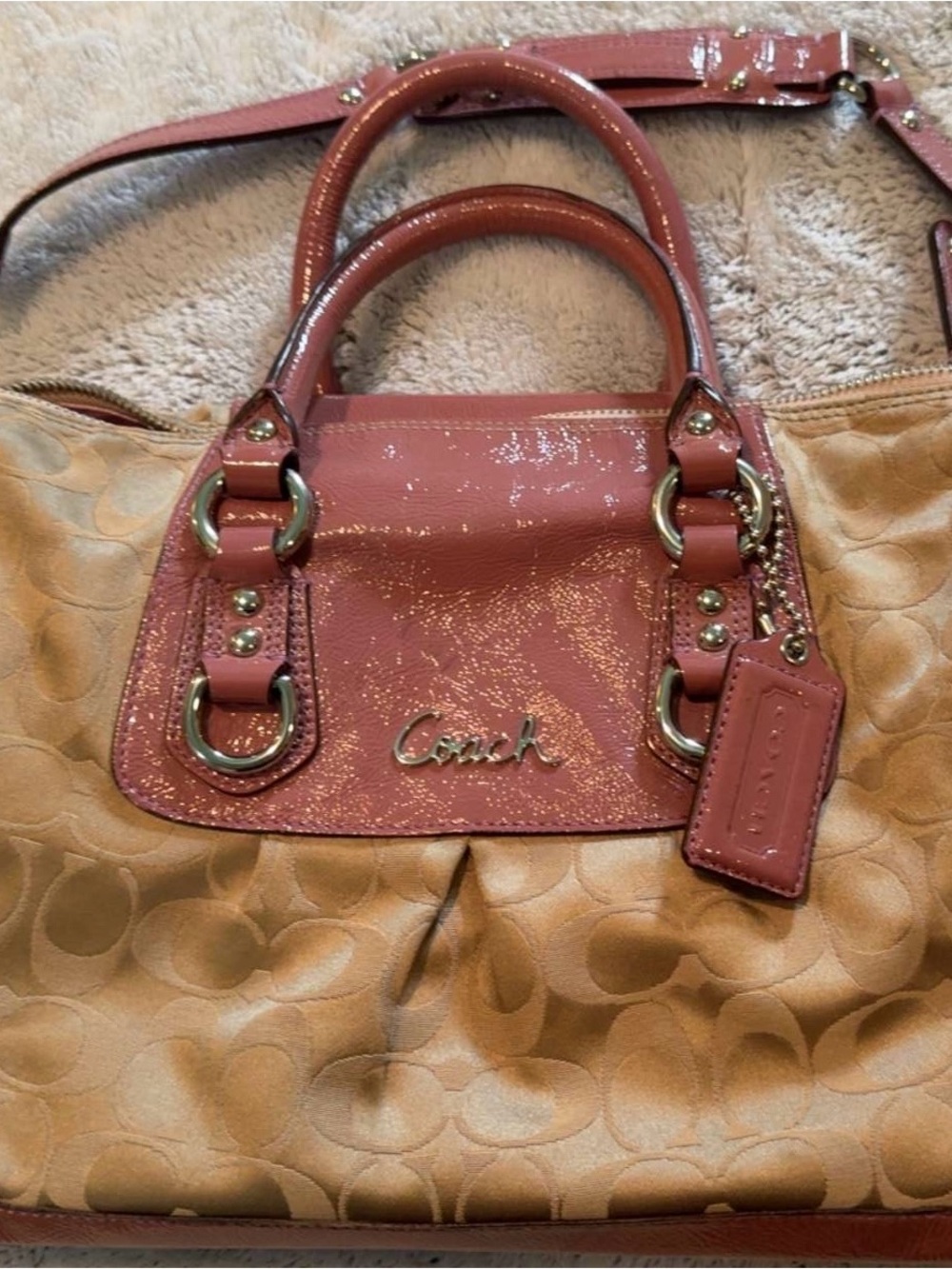 Coach Pink and Tan Signature Shoulder Bag
